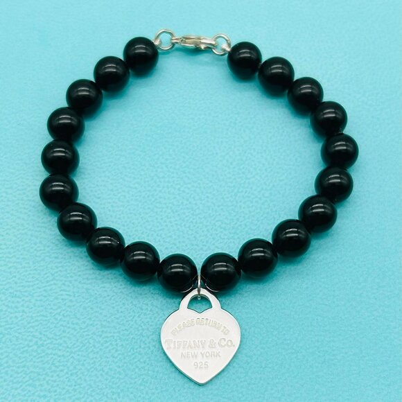 Tiffany & Co 8mm Onyx RTT Heart Bead Bracelet 7.25” VGUC - Picture 2 of 6